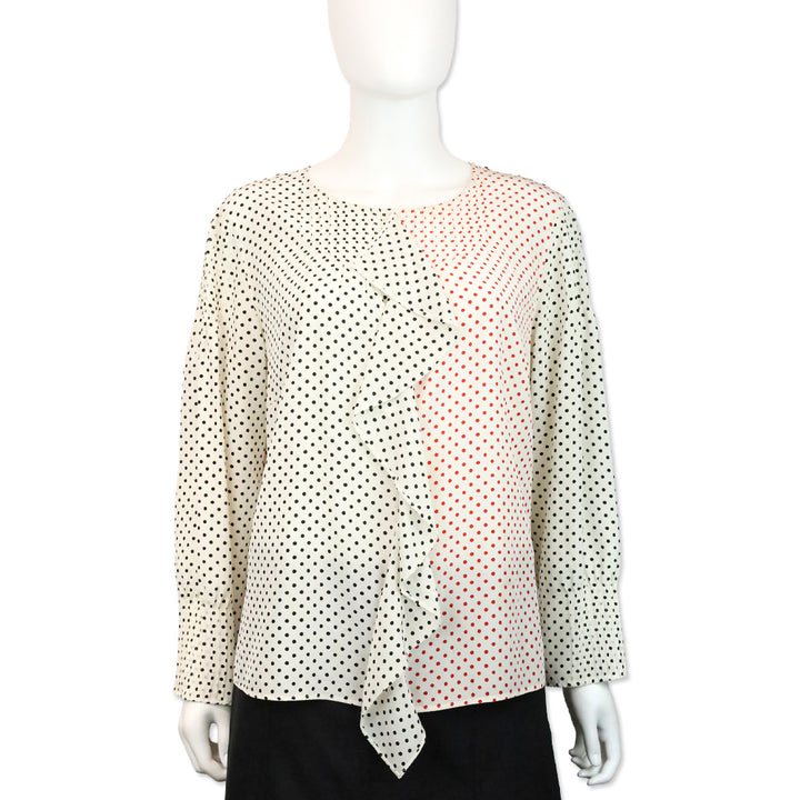 Akris Punto Black & Red Polka‎ Dot Silk Ruffle Blouse