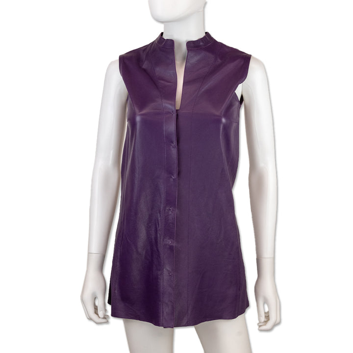 Akris Purple Leather Sleeveless Button-Up Top