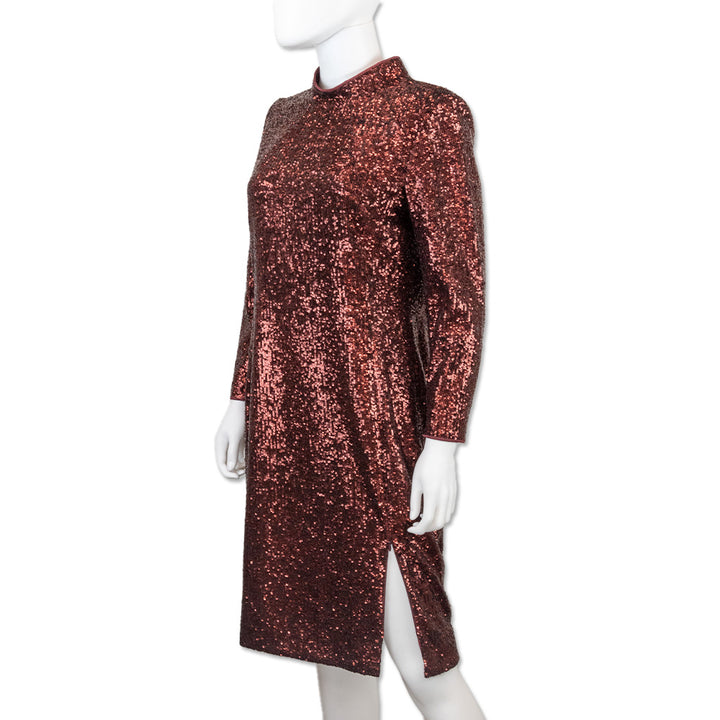 Akris Red Sequin Sheath Dress with Long Sleeves