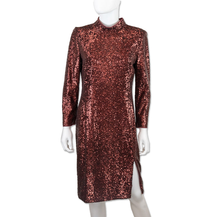 Akris Red Sequin Sheath Dress with Long Sleeves