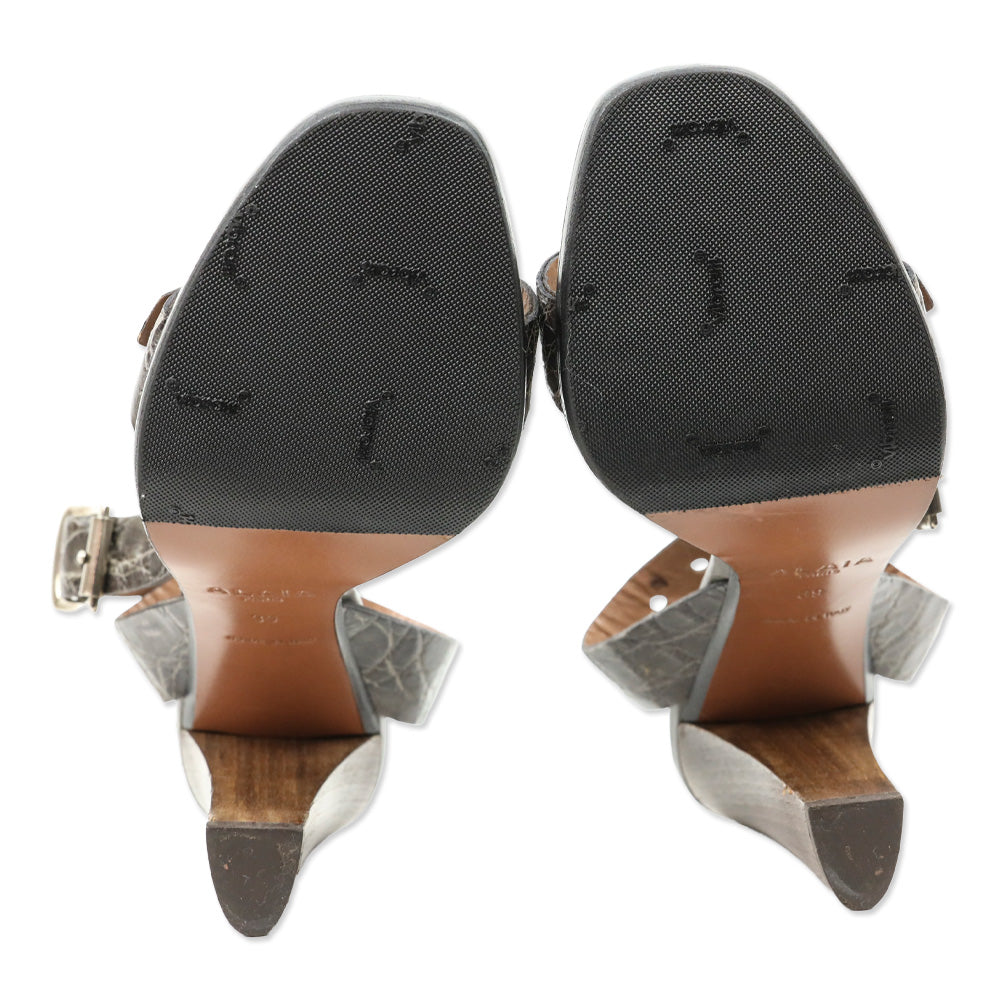 Alaïa Brown Croc Embossed Leather Slingback Ankle-Strap Sandal