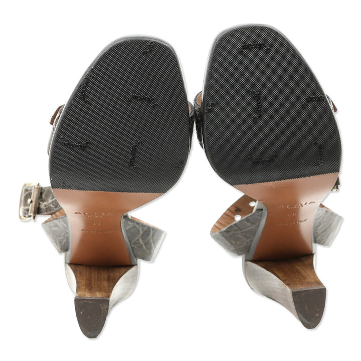 Alaïa Brown Croc Embossed Leather Slingback Ankle-Strap Sandal
