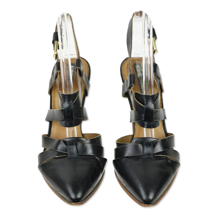 Alberto Fermani Black Leather Criss Cross Strap Sandal