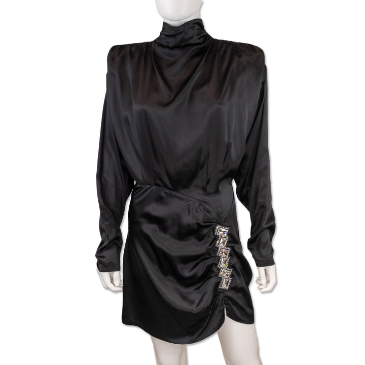 Alessandra Rich Black Silk High Neck Crystal Accent Ruched Dress