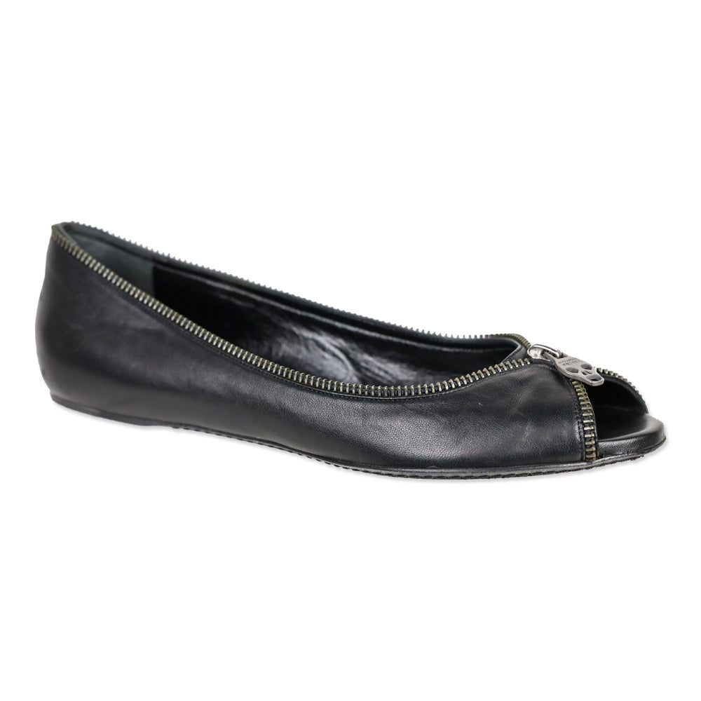 Alexander McQueen Black Leather Skull Zipper Ballet Flats