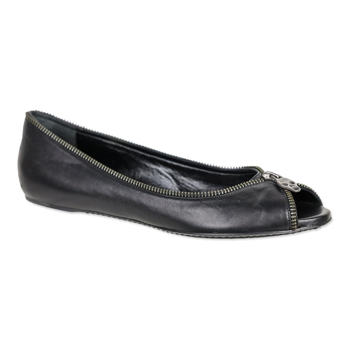 Alexander McQueen Black Leather Skull Zipper Ballet Flats