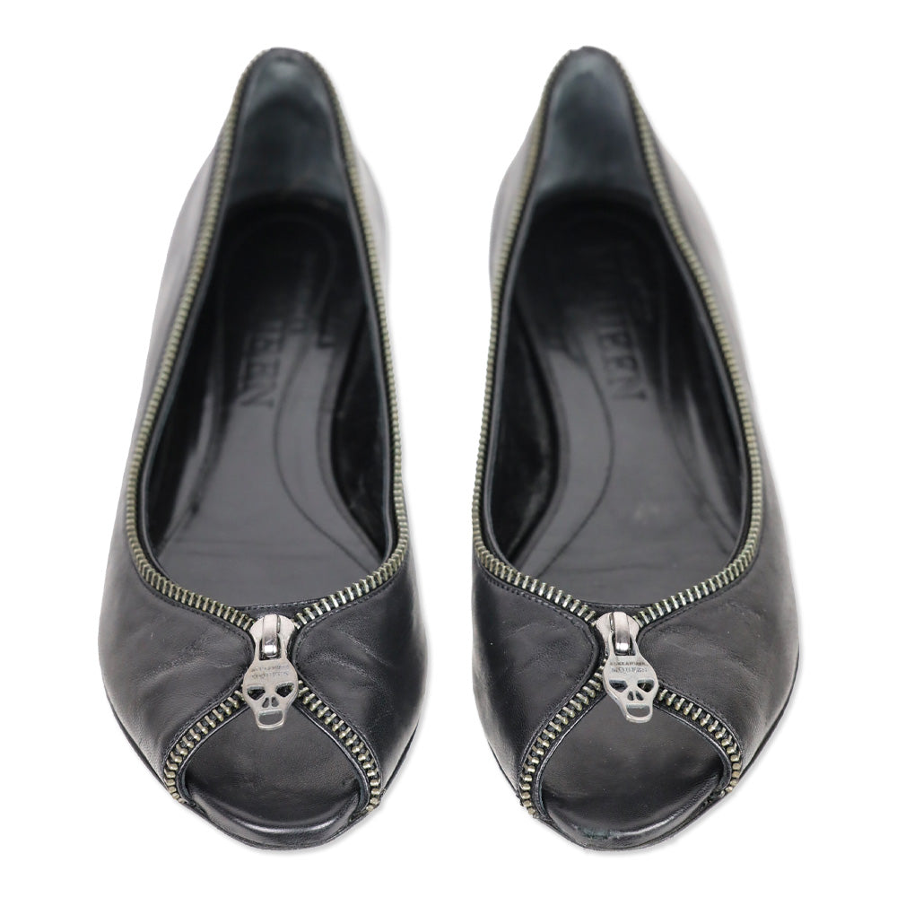 Alexander McQueen Black Leather Skull Zipper Ballet Flats