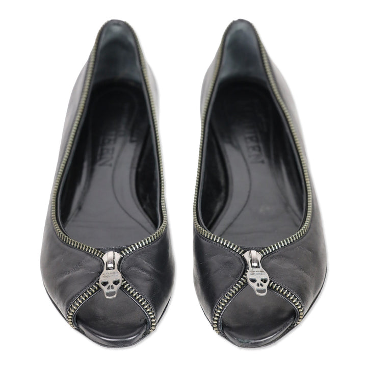 Alexander McQueen Black Leather Skull Zipper Ballet Flats
