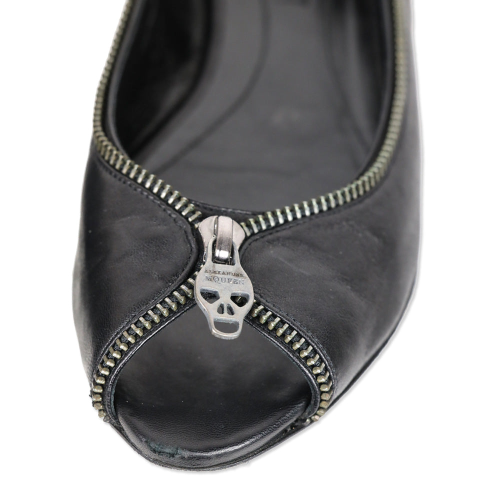 Alexander McQueen Black Leather Skull Zipper Ballet Flats