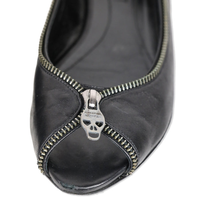 Alexander McQueen Black Leather Skull Zipper Ballet Flats
