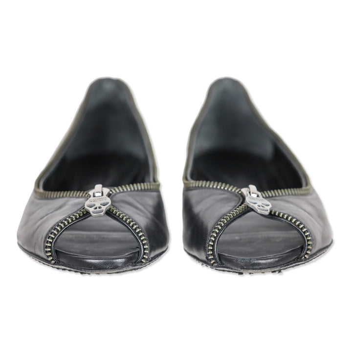 Alexander McQueen Black Leather Skull Zipper Ballet Flats