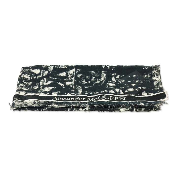 Alexander McQueen Black/Ivory Selvedge Ribbon Logo Print Stole Scarf