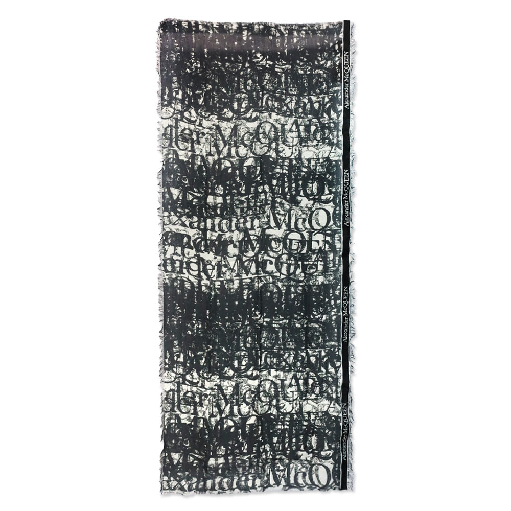 Alexander McQueen Black/Ivory Selvedge Ribbon Logo Print Stole Scarf