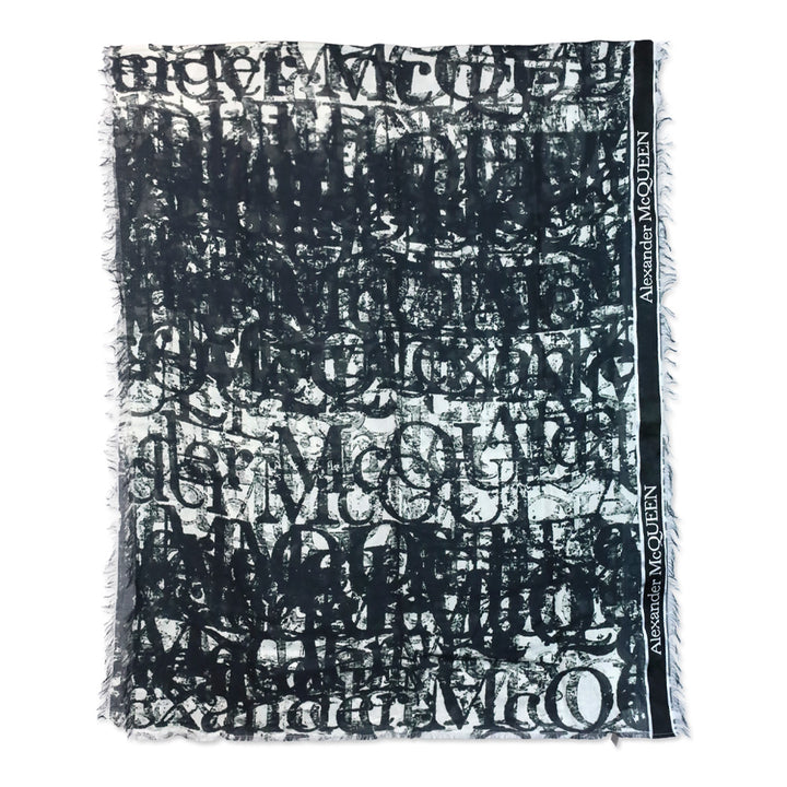 Alexander McQueen Black/Ivory Selvedge Ribbon Logo Print Stole Scarf