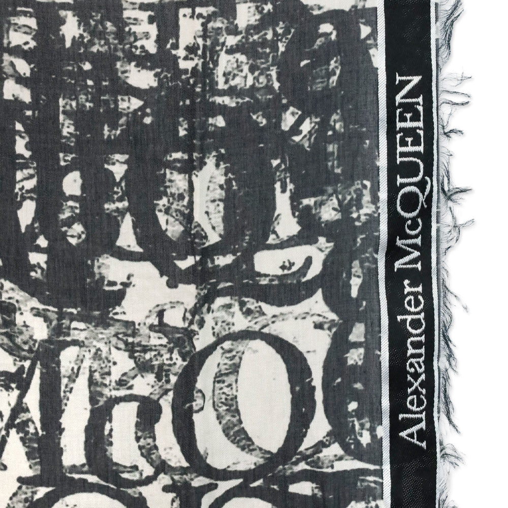 Alexander McQueen Black/Ivory Selvedge Ribbon Logo Print Stole Scarf