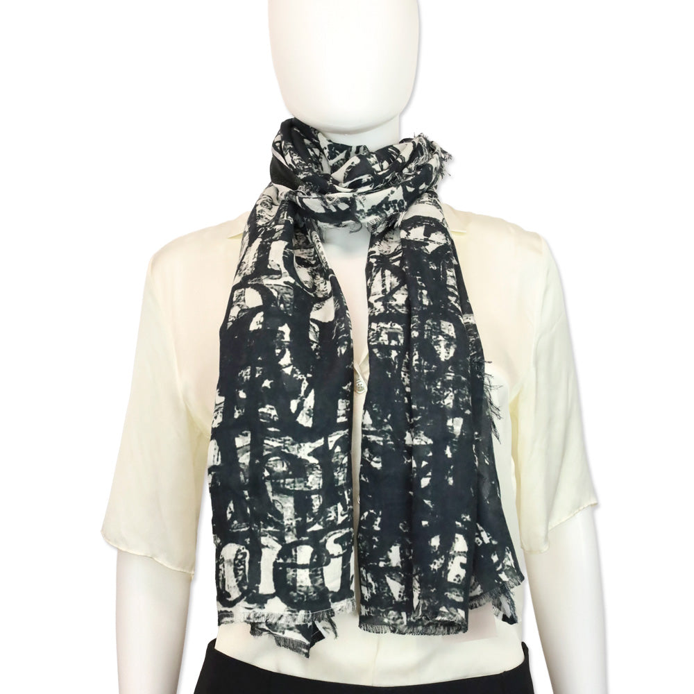 Alexander McQueen Black/Ivory Selvedge Ribbon Logo Print Stole Scarf