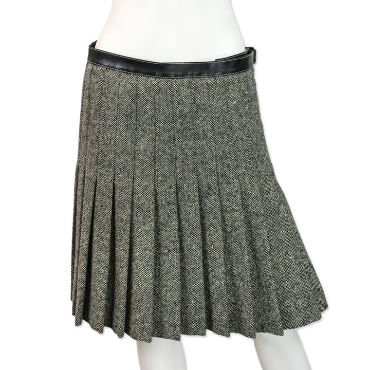 Alexander McQueen Black/White Wool Tweed Pleated Wrap Mini Skirt with Leather Belt