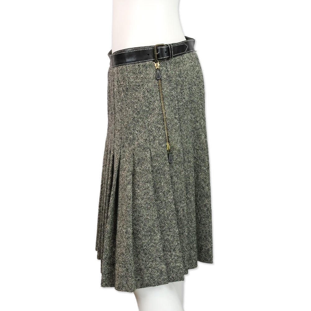 Alexander McQueen Black/White Wool Tweed Pleated Wrap Mini Skirt with Leather Belt