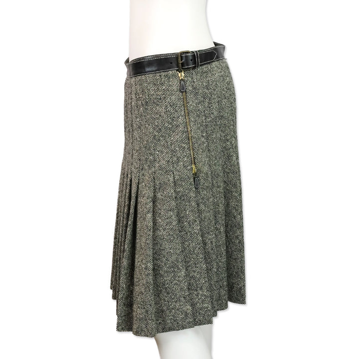 Alexander McQueen Black/White Wool Tweed Pleated Wrap Mini Skirt with Leather Belt