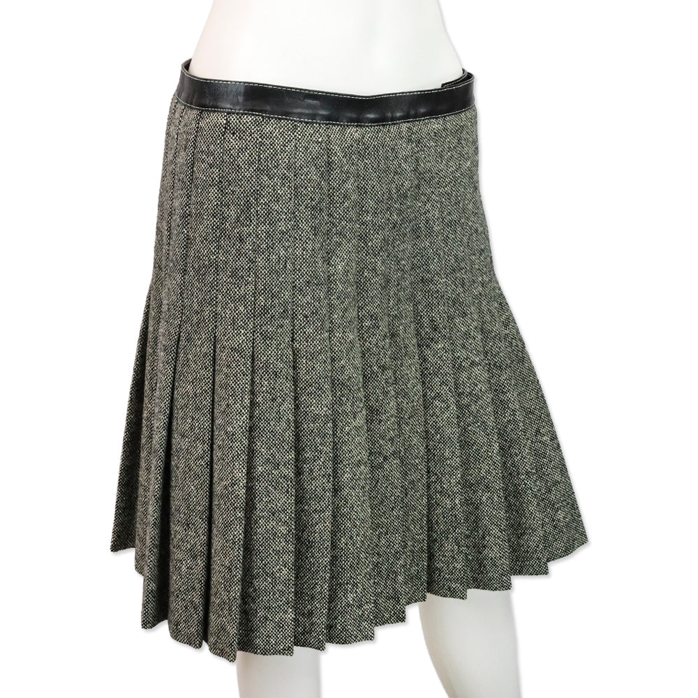 Alexander McQueen Black/White Wool Tweed Pleated Wrap Mini Skirt with Leather Belt
