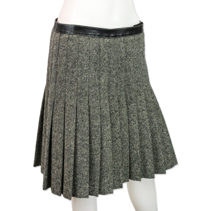 Alexander McQueen Black/White Wool Tweed Pleated Wrap Mini Skirt with Leather Belt