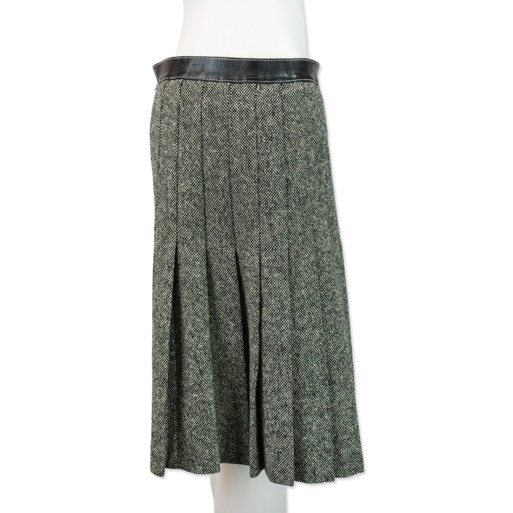 Alexander McQueen Black/White Wool Tweed Pleated Wrap Mini Skirt with Leather Belt