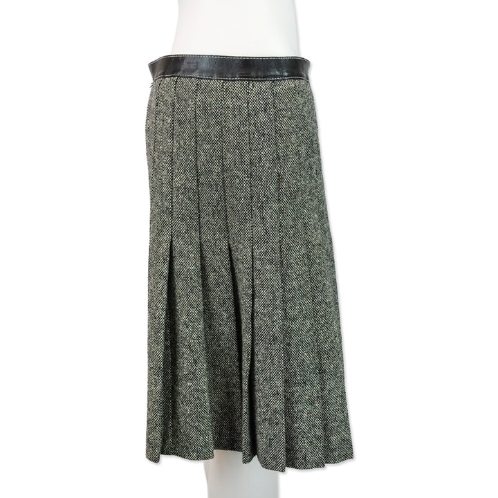 Alexander McQueen Black/White Wool Tweed Pleated Wrap Mini Skirt with Leather Belt