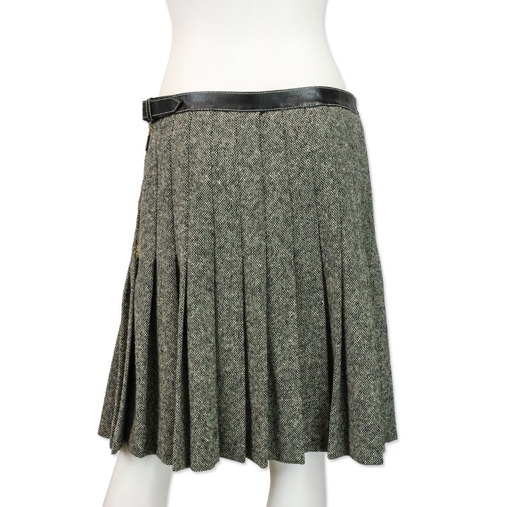 Alexander McQueen Black/White Wool Tweed Pleated Wrap Mini Skirt with Leather Belt