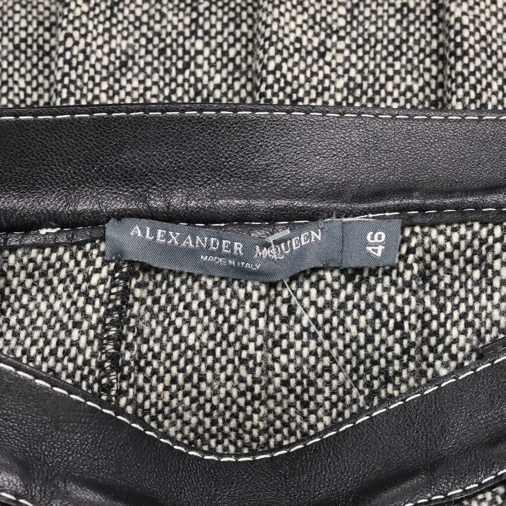 Alexander McQueen Black/White Wool Tweed Pleated Wrap Mini Skirt with Leather Belt