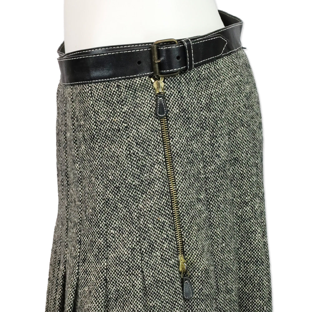 Alexander McQueen Black/White Wool Tweed Pleated Wrap Mini Skirt with Leather Belt