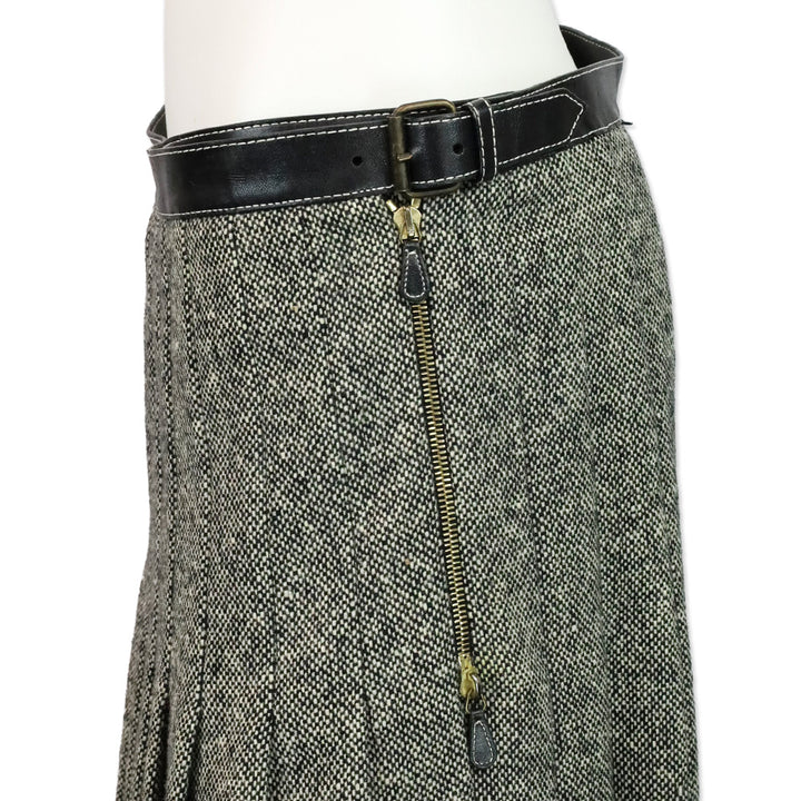 Alexander McQueen Black/White Wool Tweed Pleated Wrap Mini Skirt with Leather Belt