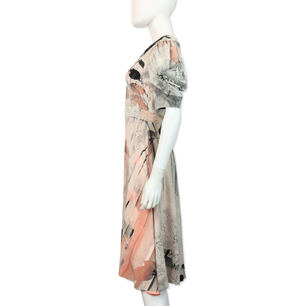 Alexander McQueen Ivory Trompe L'Oeil Printed Silk Puff-Sleeve Dress