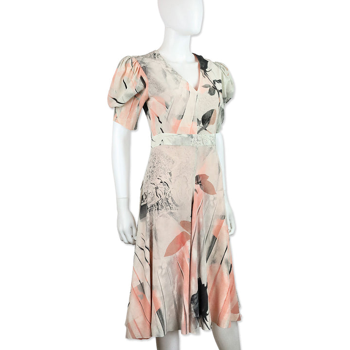 Alexander McQueen Ivory Trompe L'Oeil Printed Silk Puff-Sleeve Dress