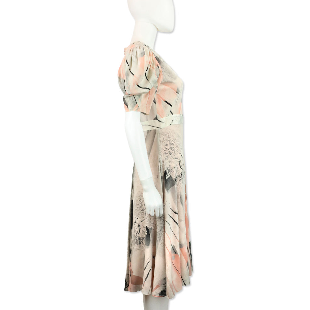 Alexander McQueen Ivory Trompe L'Oeil Printed Silk Puff-Sleeve Dress