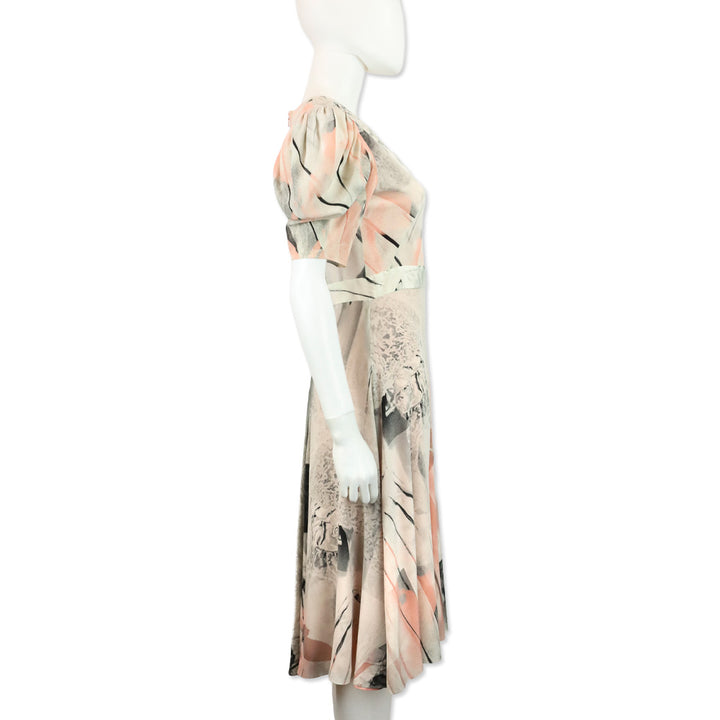 Alexander McQueen Ivory Trompe L'Oeil Printed Silk Puff-Sleeve Dress