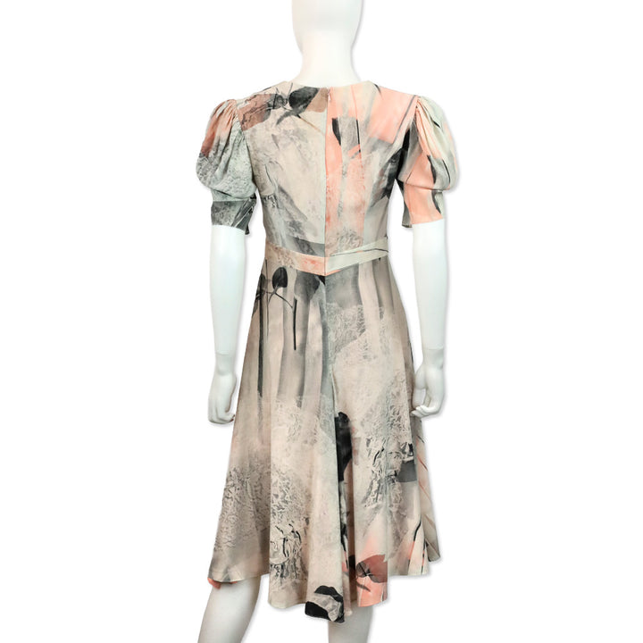 Alexander McQueen Ivory Trompe L'Oeil Printed Silk Puff-Sleeve Dress