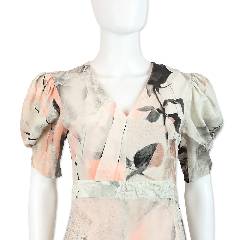 Alexander McQueen Ivory Trompe L'Oeil Printed Silk Puff-Sleeve Dress