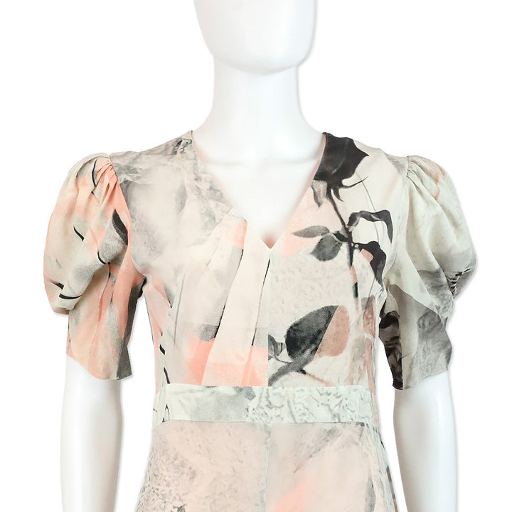 Alexander McQueen Ivory Trompe L'Oeil Printed Silk Puff-Sleeve Dress