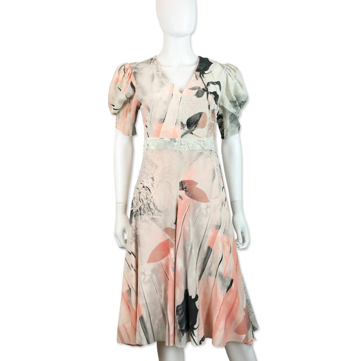 Alexander McQueen Ivory Trompe L'Oeil Printed Silk Puff-Sleeve Dress