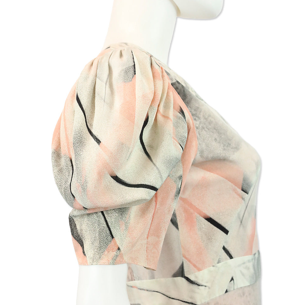 Alexander McQueen Ivory Trompe L'Oeil Printed Silk Puff-Sleeve Dress