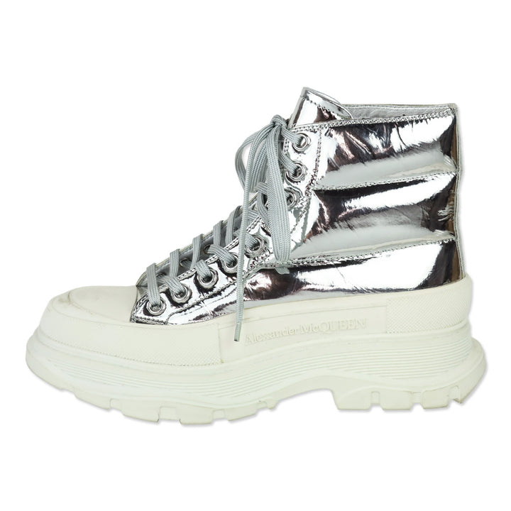 Alexander McQueen Slick Metallic Silver Puffer Tread Lace-Up Platform Boots
