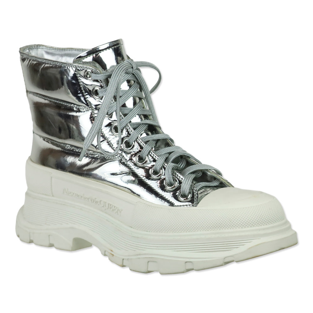 Alexander McQueen Slick Metallic Silver Puffer Tread Lace-Up Platform Boots