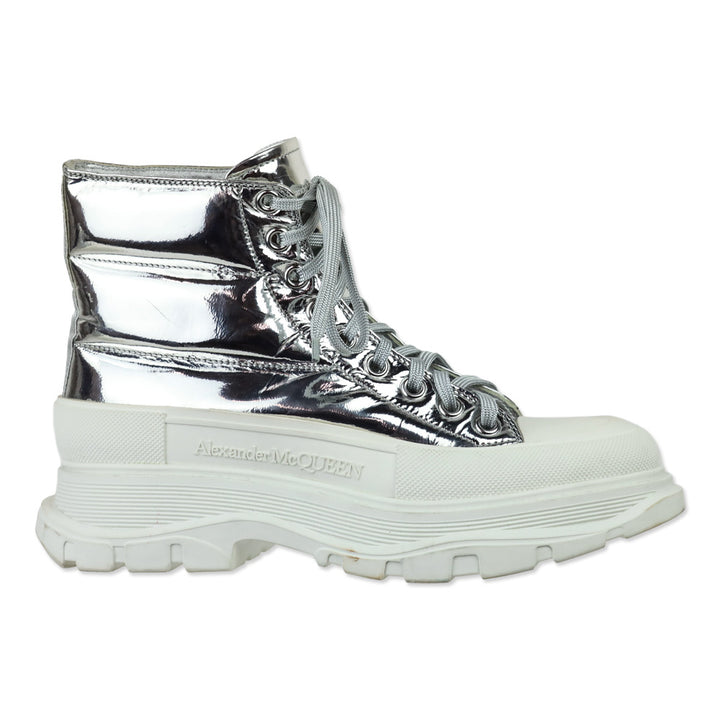 Alexander McQueen Slick Metallic Silver Puffer Tread Lace-Up Platform Boots