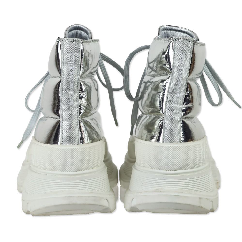 Alexander McQueen Slick Metallic Silver Puffer Tread Lace-Up Platform Boots
