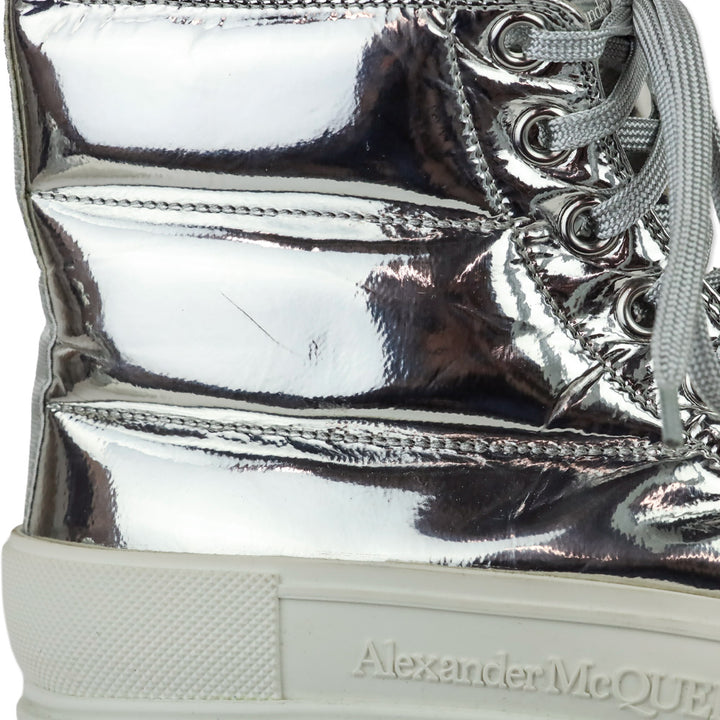 Alexander McQueen Slick Metallic Silver Puffer Tread Lace-Up Platform Boots