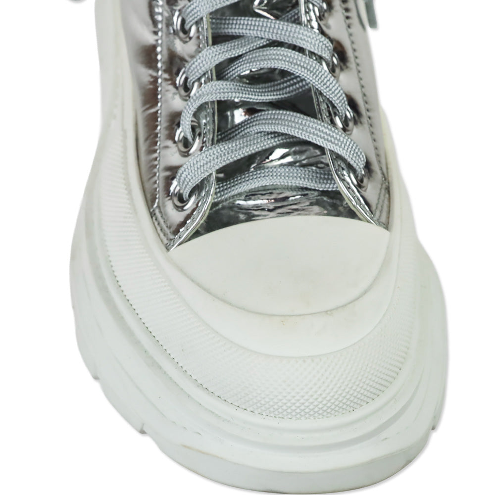 Alexander McQueen Slick Metallic Silver Puffer Tread Lace-Up Platform Boots