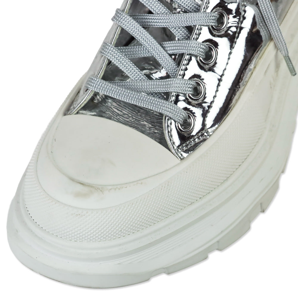 Alexander McQueen Slick Metallic Silver Puffer Tread Lace-Up Platform Boots