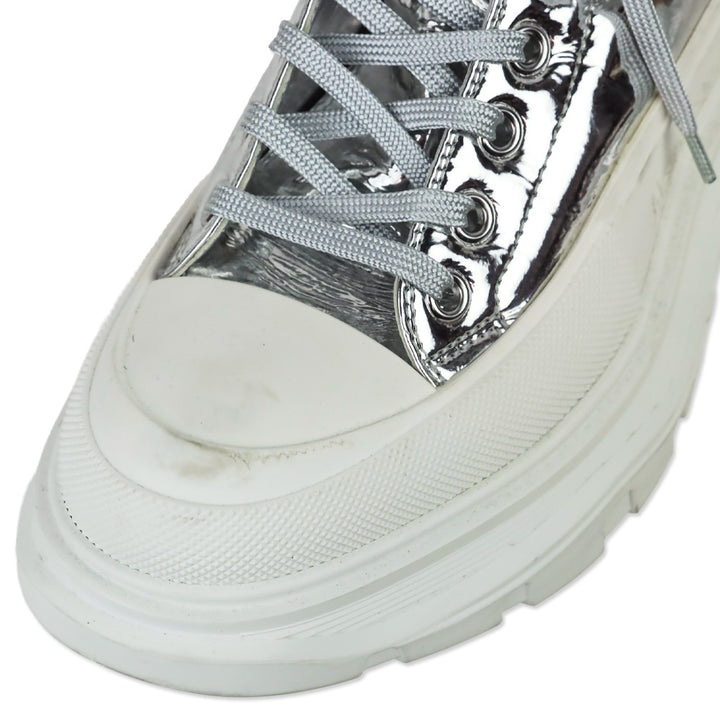 Alexander McQueen Slick Metallic Silver Puffer Tread Lace-Up Platform Boots