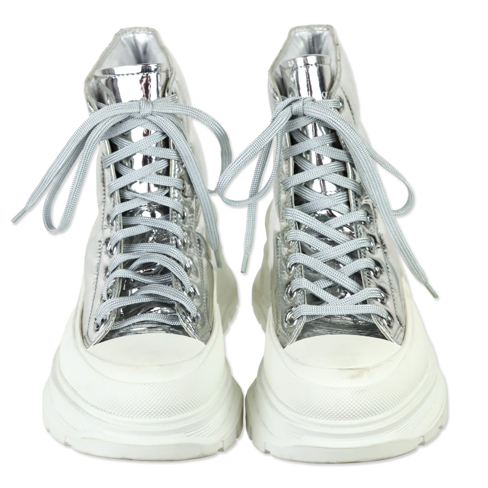 Alexander McQueen Slick Metallic Silver Puffer Tread Lace-Up Platform Boots
