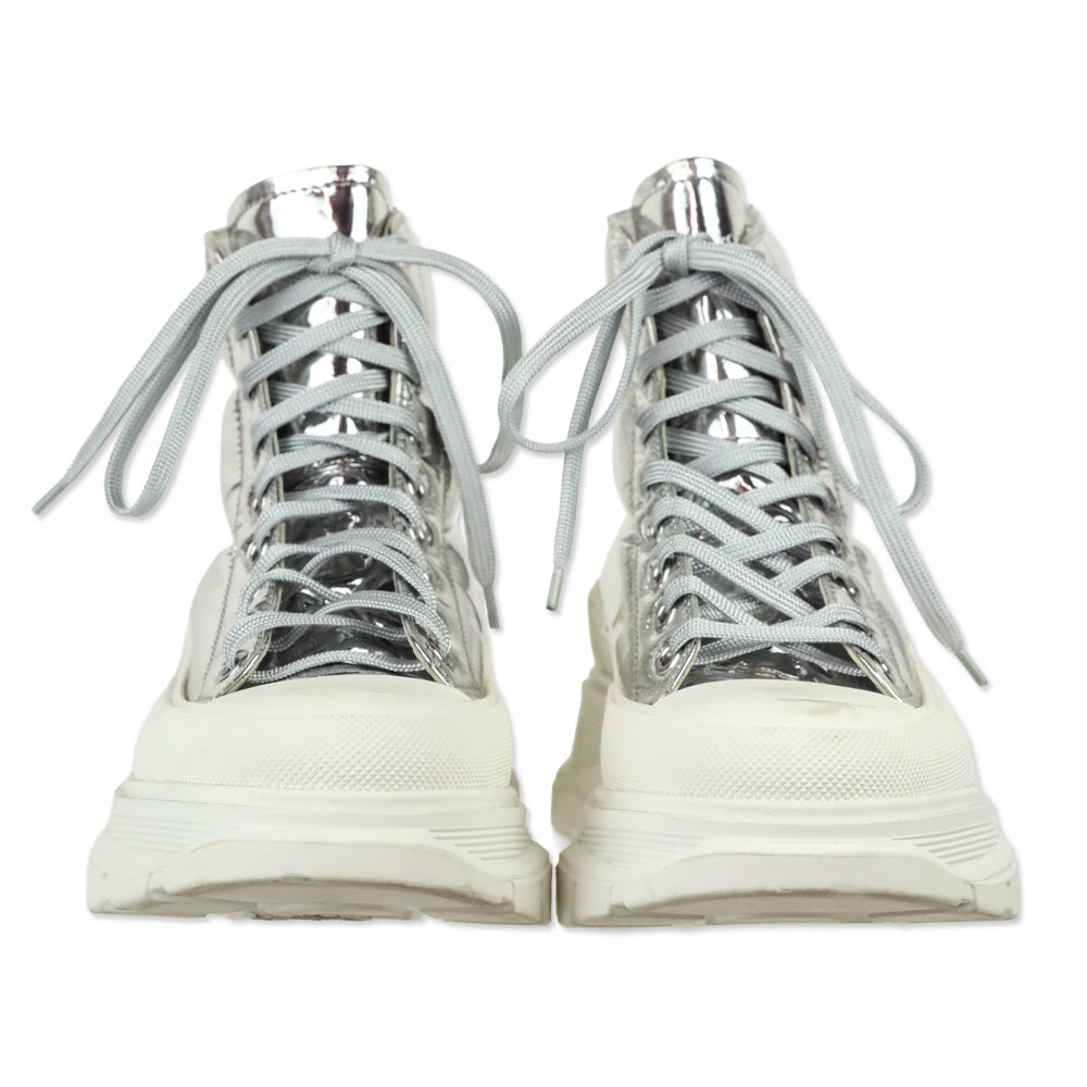 Alexander McQueen Slick Metallic Silver Puffer Tread Lace-Up Platform Boots